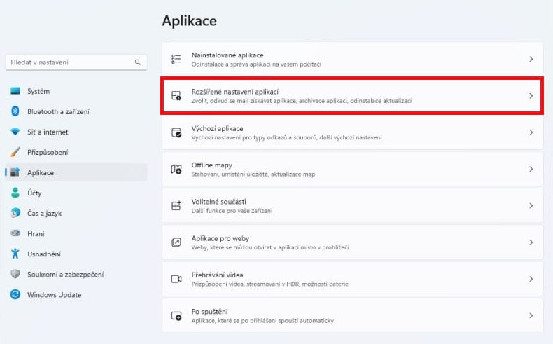 Windows 11 – Aplikace a Rozšířená nastavení aplikací